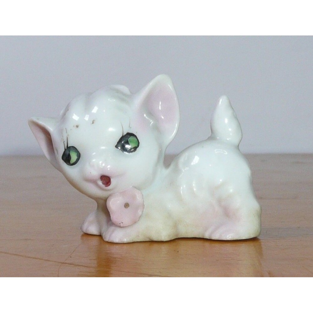 Vintage Ceramic Cat Figurine, Made in Japan, Pink w Green Eyes, Tiny Kitten